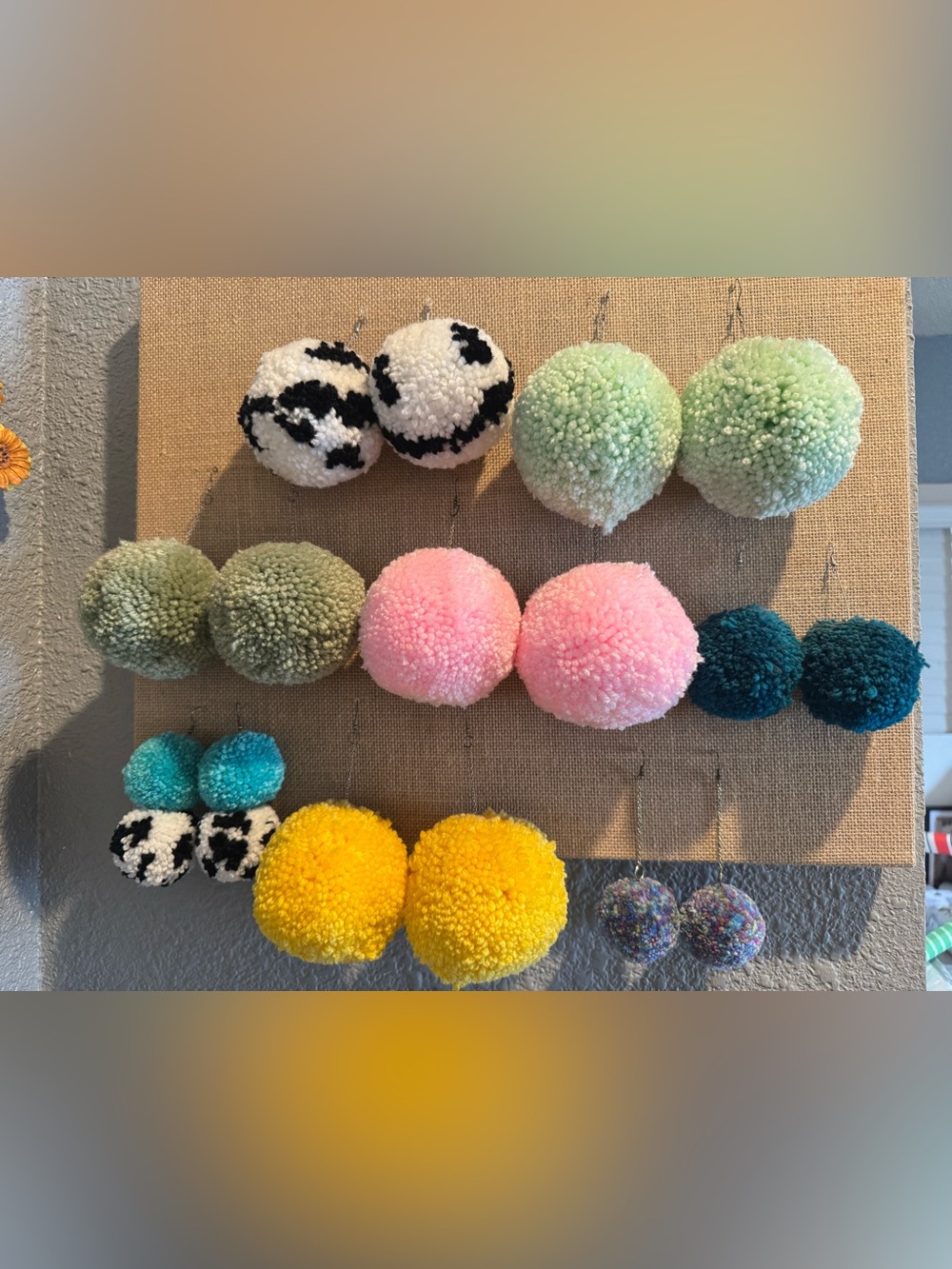 8 Pair of Colorful Plush Pom Pom Earrings Pastel Pink, Yellow, Green